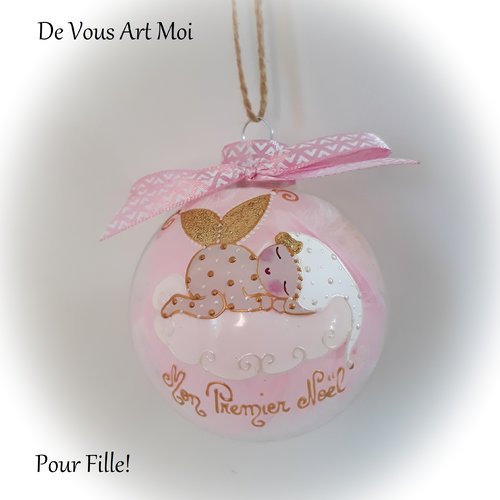 Boule de noël mon premier noël prénom personnalisée bébé fille lutine fée noël fait main