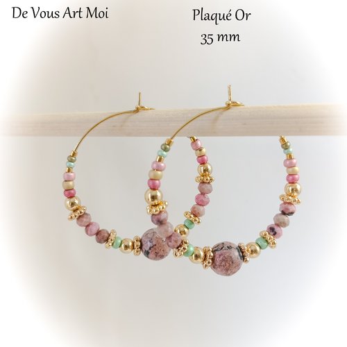 Créoles boucle d'oreille pierre rose rhodonite 35mm plaqué or artisanal