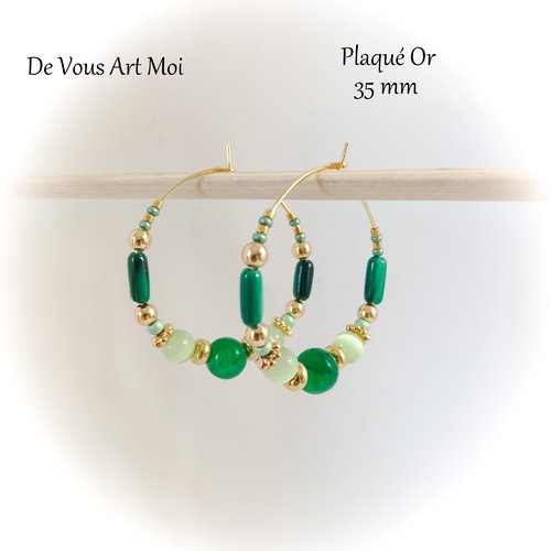 Créoles boucle d'oreille jade malachite et œil de chat naturelle 35mm plaqué or artisanal
