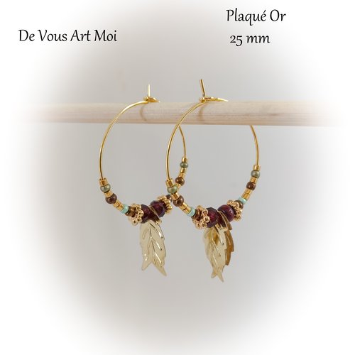 Créoles boucles d'oreille pierre grenat et plume 25mm plaqué or artisanales fait main
