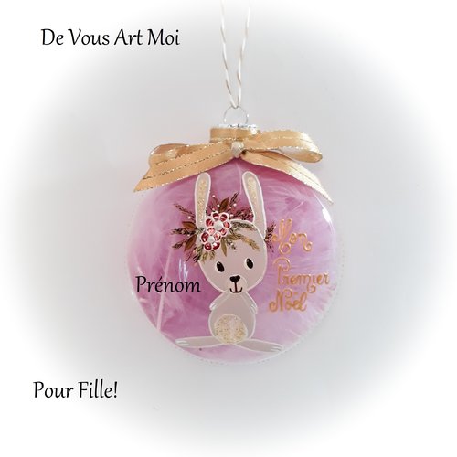 Boule de noël lapin naissance fille mon premier noël bébé personnalisée verre peint main artisanale