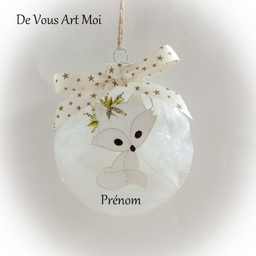 Boule de noël naissance prénom personnalisée renard blanc fait main artisanale