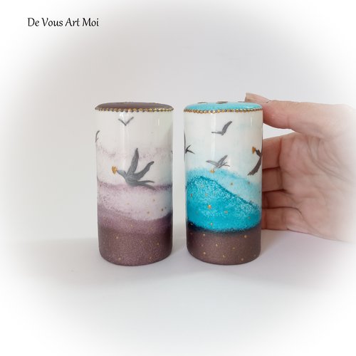 Salière poivrière originale porcelaine céramique oiseaux naturel artisanal fait main