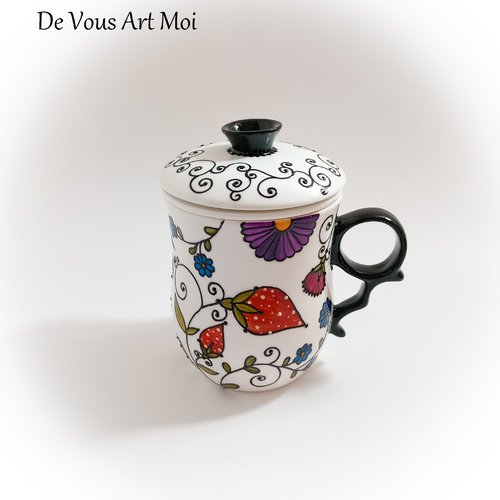 Mugthéière tisanière filtre céramique mug tasse porcelaine couvercle peint main artisanal
