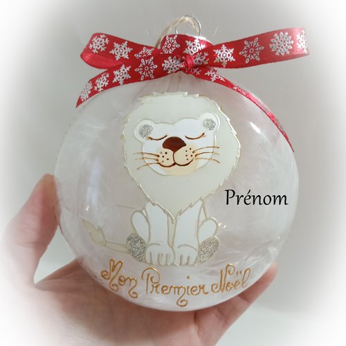 Boule mon premier noël bébé personnalisée verre peint main dessin lion blanc noël fait main artisanale