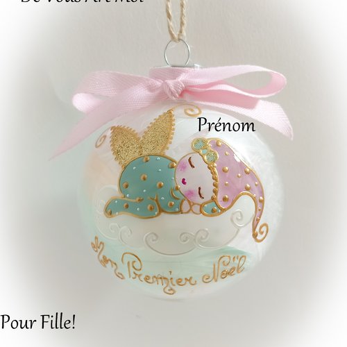 Boule de noël mon premier noël fille peinte main bébé lutine fée ange noël peint main