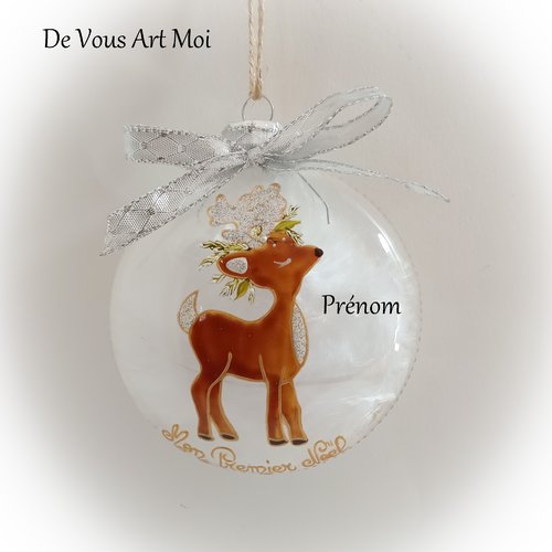 Boule de noël mon premier noël renne personnalisée en verre dessin fait main artisanale
