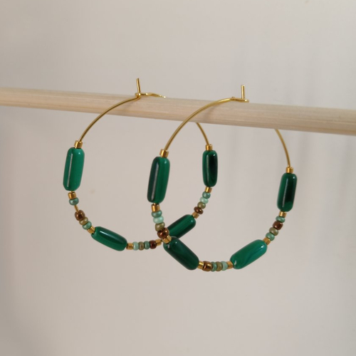 Créoles boucle d'oreille malachite 35mm plaqué or artisanales fait main