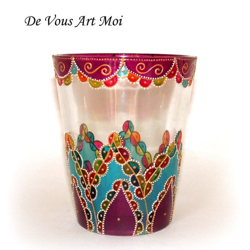 Photophore pot vase verre,peint main,verre coloré original artisanal