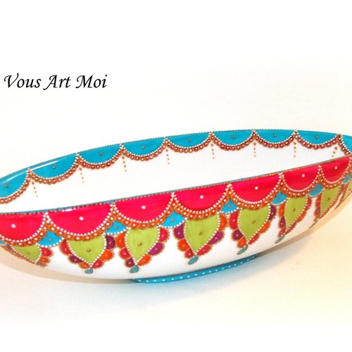 Plat coloré original long en porcelaine plat gondole barque peint main artisanal