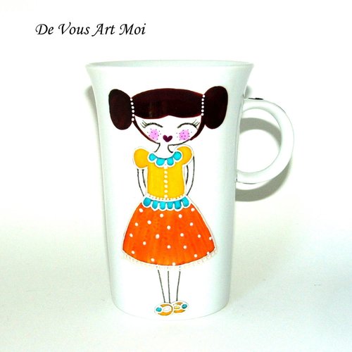 Mug tasse porcelaine colorée,dessin illustration fille,fait main