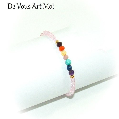 Bracelet fin 7 chakras,pierre gemmes quartz rose,bracelet femme plaqué or,fait main