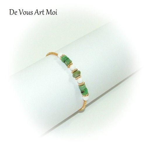 Bracelet minimaliste perle pierre,chrysoprase jade blanc,plaqué or 24k,fait main