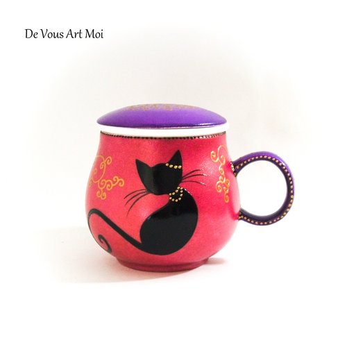 Théière tisanière thème chat mug porcelaine filtre couvercle peint main artisanal
