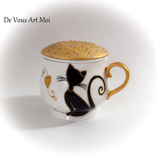 Tisanière théière céramique colorée originale mug tasse chat porcelaine filtre couvercle peint main artisanal