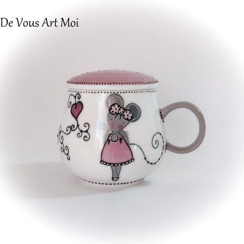 Mug tasse théière tisanière originale mug porcelaine filtre couvercle  cadeau thème souris peint main artisanal