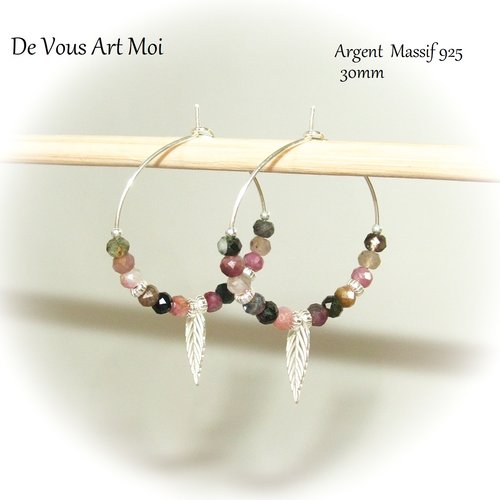 Créoles tourmaline boucles d'oreilles argent 925 pierres multicolores feuille artisanale