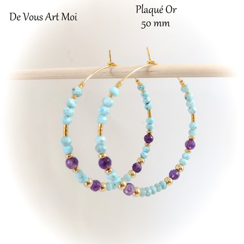 Créoles larimar et améthyste naturelle 50mm plaqué or artisanales fait main