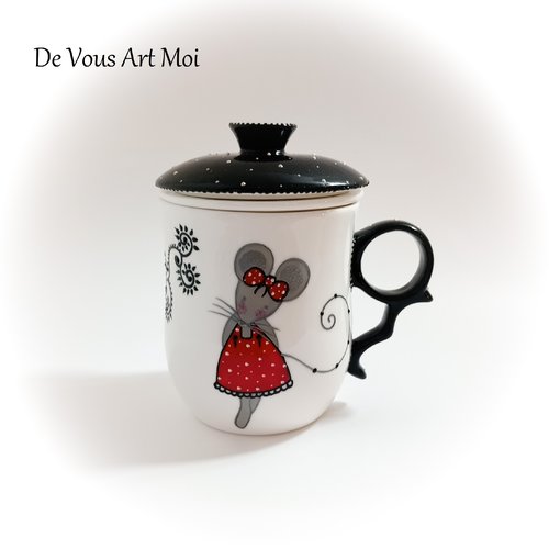 Mugthéière tisanière filtre céramique mug tasse porcelaine couvercle peint main artisanal