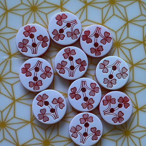 10 boutons trèfle rouge blanc