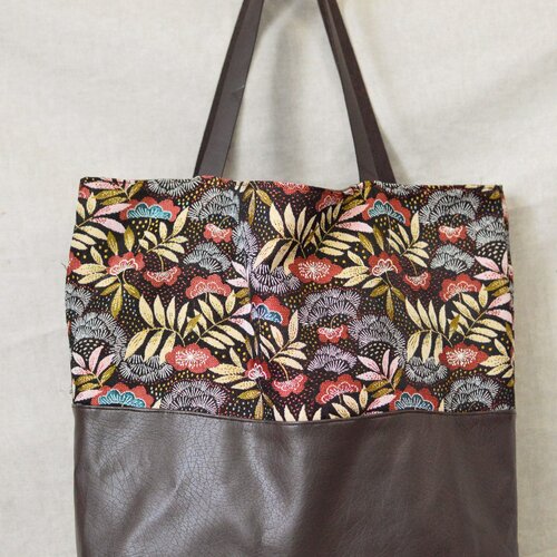 Tote bag pratique sac four tout en simili cuir marron & motif fleurs