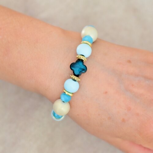 Jolie bracelet bleu & marine avec perles bois cristal et pompon, idées cadeaux femme, chic bijou réglable,