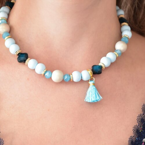 Jolie collier bleu & marine avec perles bois, cristal et pompon, idées cadeaux femme, chic bijou réglable,