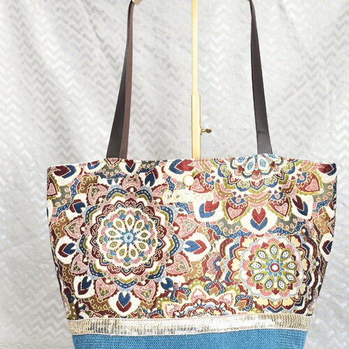 Sac cadas bleu motif fleurs coloré & doré, tote bag, sac de plage, sac fantaisie multicolore, sac bleu, cadeau femme