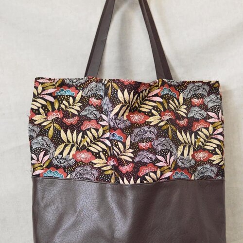 Sac tote bag motif fleurs coloré & simili cuir marron, sac fourre-tout femme