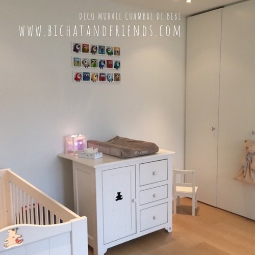 Decoration chambre enfant | bebe | cadre mural | hiboux oiseaux multicolores | cadeau bébé fille et garçon