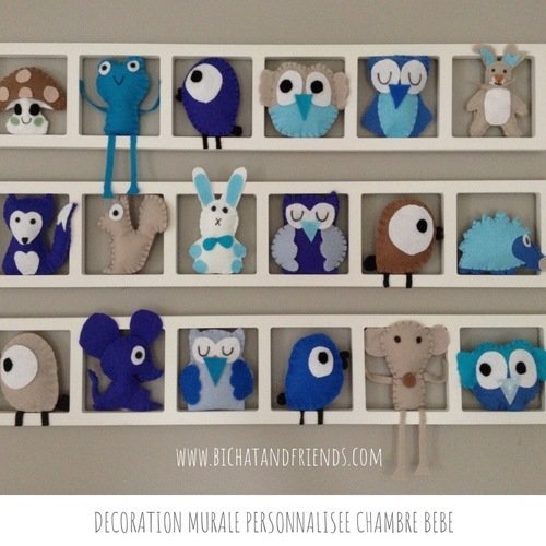 Deco chambre bebe | chambre enfant | cadre mural | animaux en feutrine | bleu taupe beige turquoise | cadeau bébé.