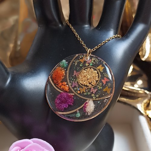 Collier rond fleurs et paillettes or