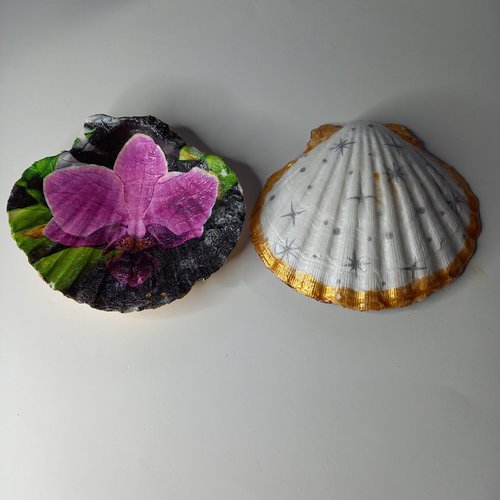 Coquille st jacques décorée à la main  motif orquidée