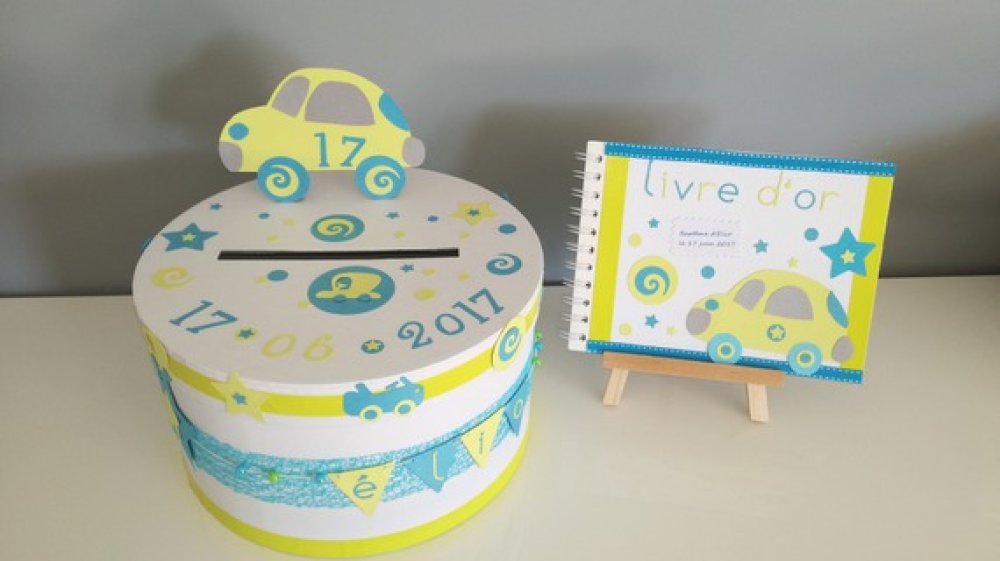 Urne Ronde Blanche Livre D Or Assorti Theme Voiture Pour Bapteme Ou Anniversaire Un Grand Marche