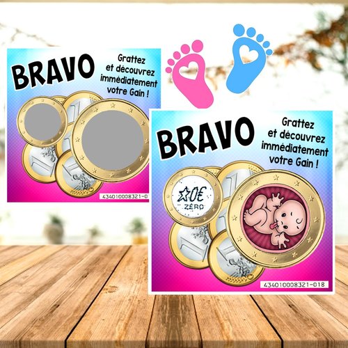 Bravo : 1 carte coucou bébé ticket jeu à gratter personnalisé bébé grossesse annonce demande original enceinte maman parent