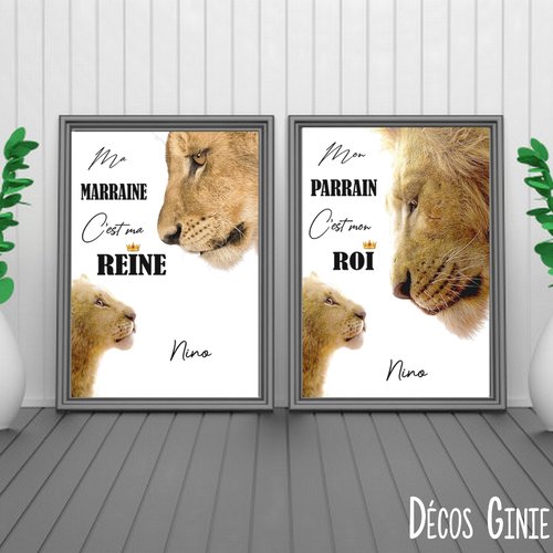 Lot 2 cartes ou affiches parrain lion lionceaux cadeau fête père mère noël anniversaire baptême style roi lion simba personnalisé