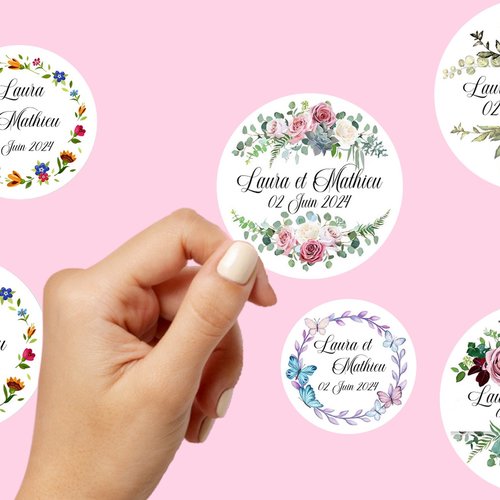 1 autocollant étiquette rond personnalisée couronne fleur vintage dragée contenant mariage baptême anniversaire communion