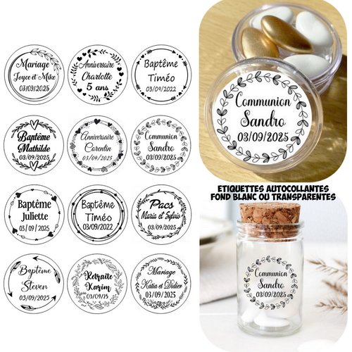 1 autocollant étiquette rond personnalisée arabesque transparent ou non vintage dragée contenant mariage baptême anniversaire communion