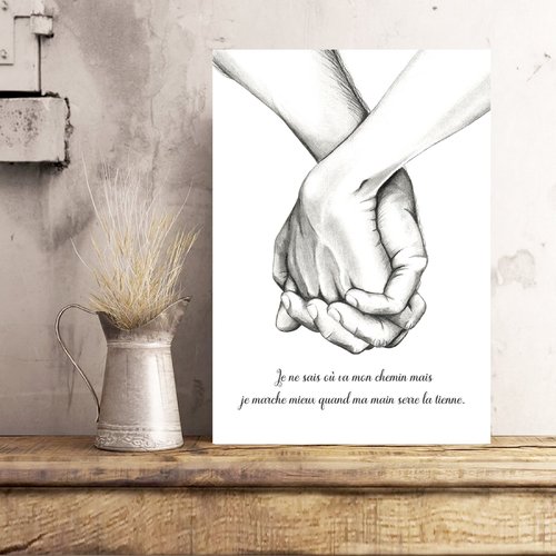 Affiche mains citation cadeau saint valentin couple anniversaire amoureux amour main mari mariage personnalisé carte cadre dessin fete