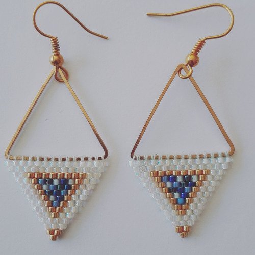 Boucles d'oreilles dorées en forme de losange- tissage perles miyuki