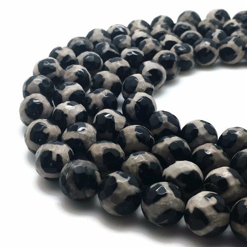 37 perles agate dzi 10mm léopardi blanc noir à facettes - perle agate tibétaine dzi perles dzi - p0057