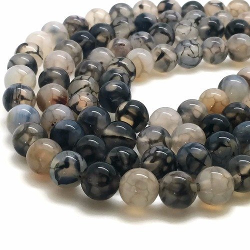 61 perles en agate veine de dragon 6mm blanc noir - p0234