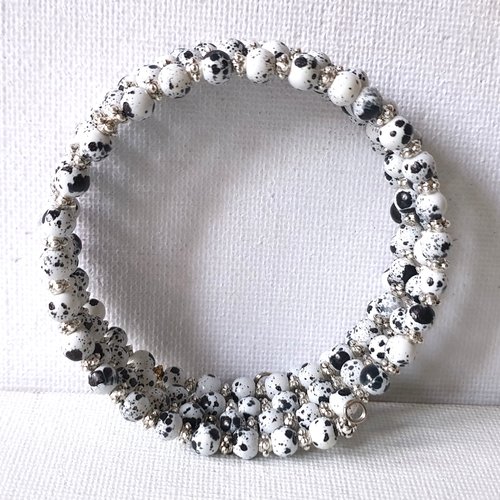 Bracelet ajustable perles rondes verre blanc tacheté noir dalmatien", perles métal argenté clouté