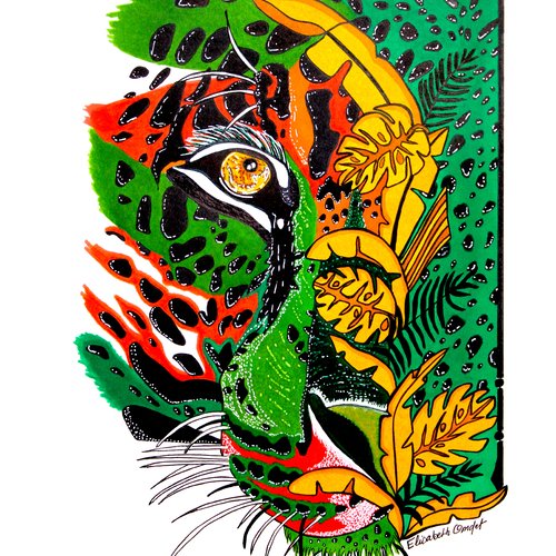Slim dessin de léopard vert, jaune, orange sur toile