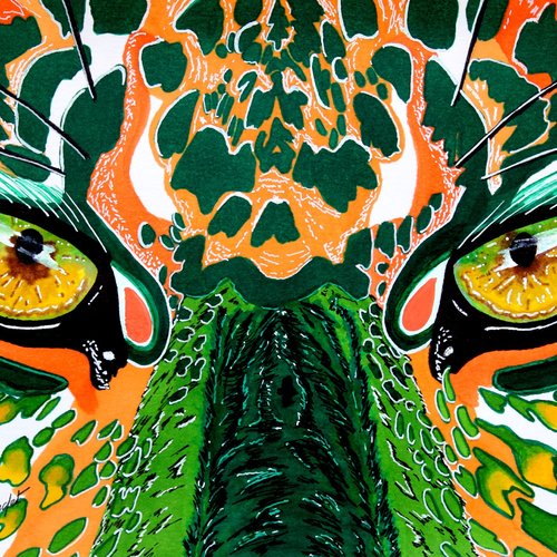 Slim la rencontre. dessin de léopard vert, orange sur toile