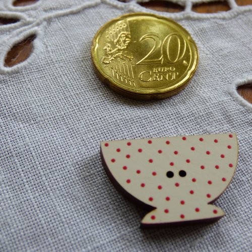 Bouton en bois bol  écru à pois rouge 