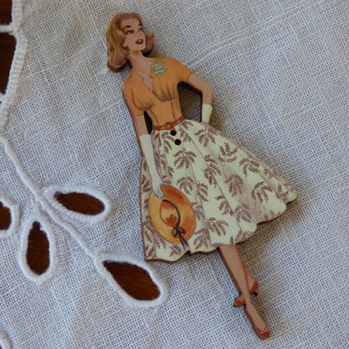 Bouton en bois dame au chapeau marron