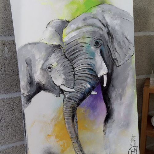L'éléphant et son petit, peinture acrylique