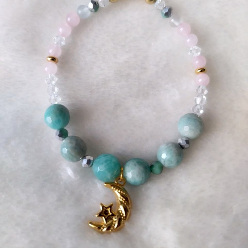 Bracelet lunaire, amazonite, quartz rose