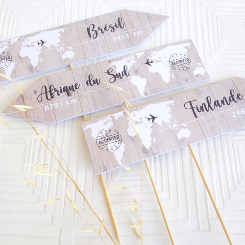 Porte nom de table fond bois - nom de table mariage thème voyage personnalisable